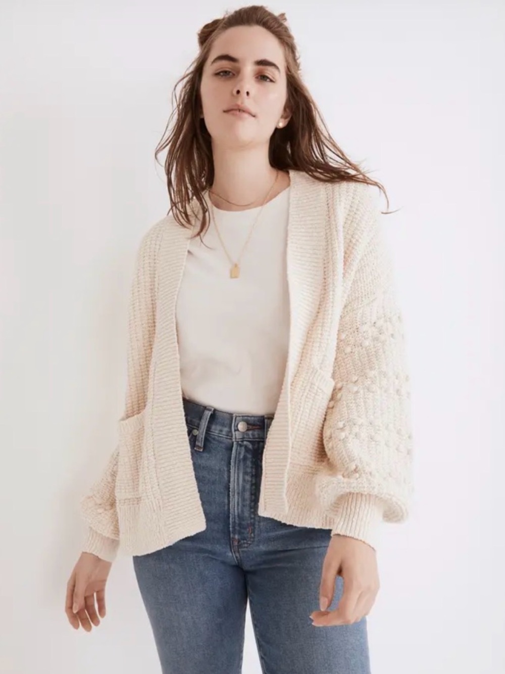 Madewell Bobble Knit Cardigan Sweater Ivory Women’s Large 100% Cotton
